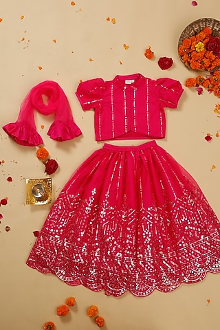 Magenta Net Mirror Embroidered Lehenga Set For Girls by Saka Designs