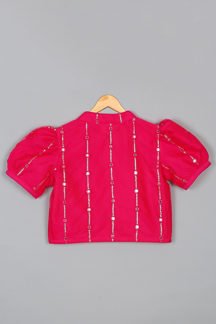 Magenta Net Mirror Embroidered Lehenga Set For Girls by Saka Designs at Pernia's Pop Up Shop