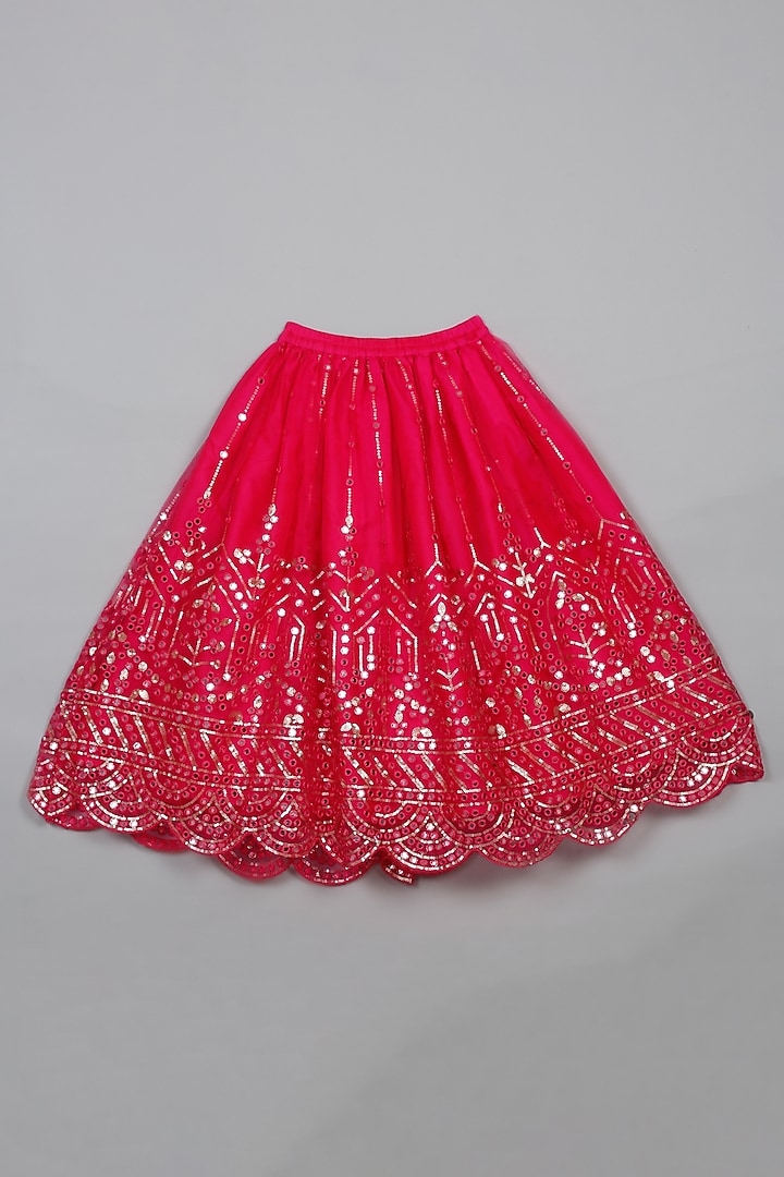 Magenta Net Mirror Embroidered Lehenga Set For Girls by Saka Designs at Pernia's Pop Up Shop