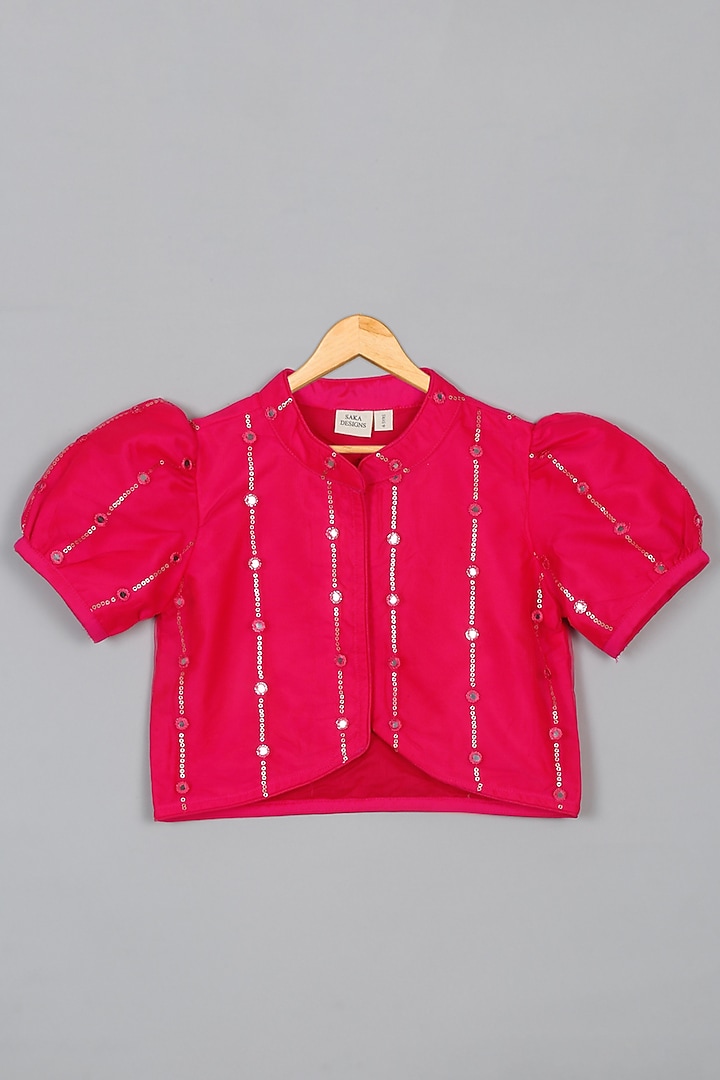 Magenta Net Mirror Embroidered Lehenga Set For Girls by Saka Designs at Pernia's Pop Up Shop