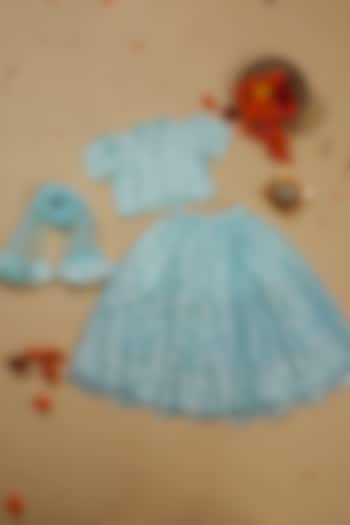 Sky Blue Net Mirror Embroidered Lehenga Set For Girls by Saka Designs at Pernia's Pop Up Shop