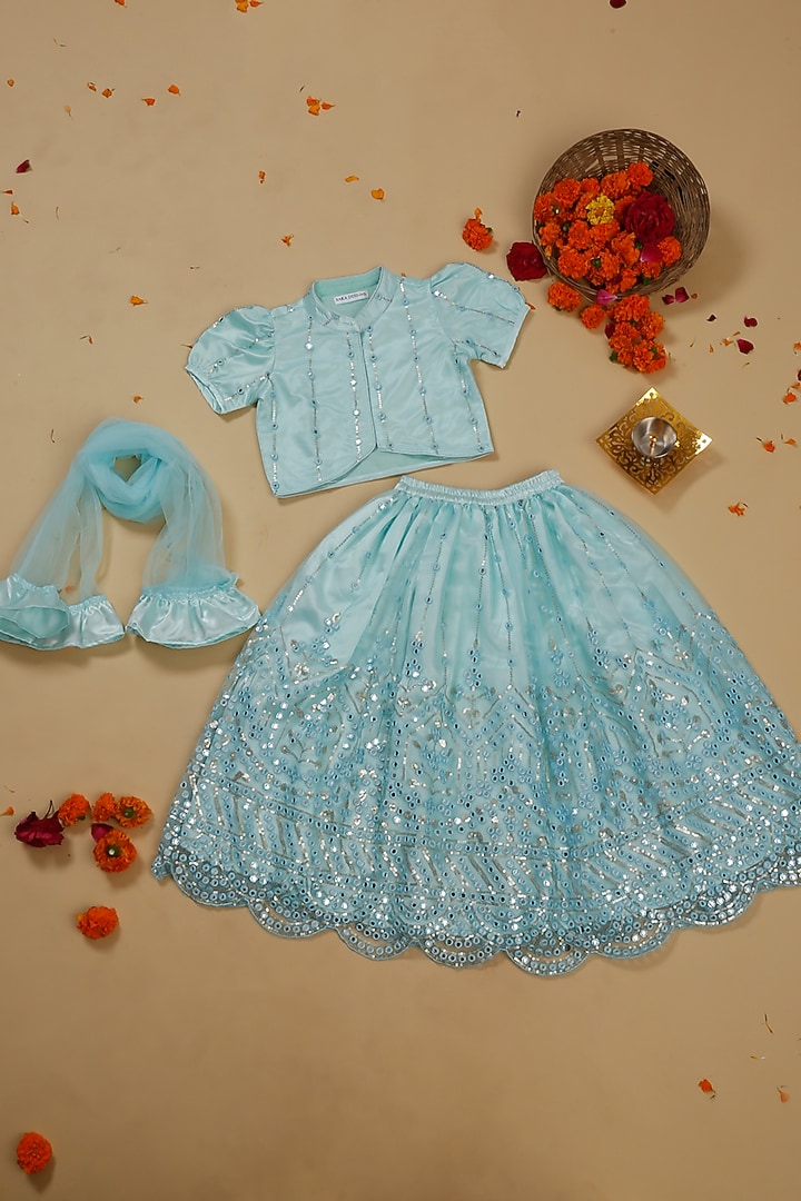 Sky Blue Net Mirror Embroidered Lehenga Set For Girls by Saka Designs at Pernia's Pop Up Shop