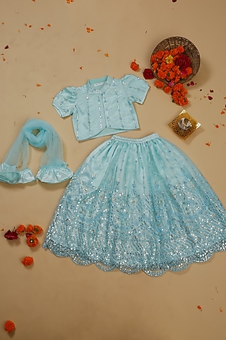 Sky Blue Net Mirror Embroidered Lehenga Set For Girls by Saka Designs