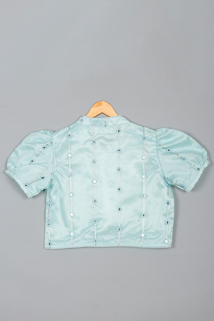 Sky Blue Net Mirror Embroidered Lehenga Set For Girls by Saka Designs at Pernia's Pop Up Shop