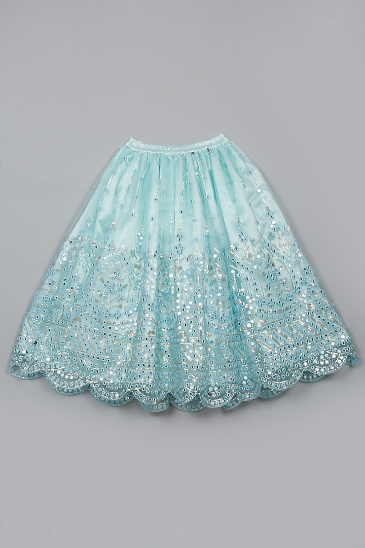 Sky Blue Net Mirror Embroidered Lehenga Set For Girls by Saka Designs at Pernia's Pop Up Shop