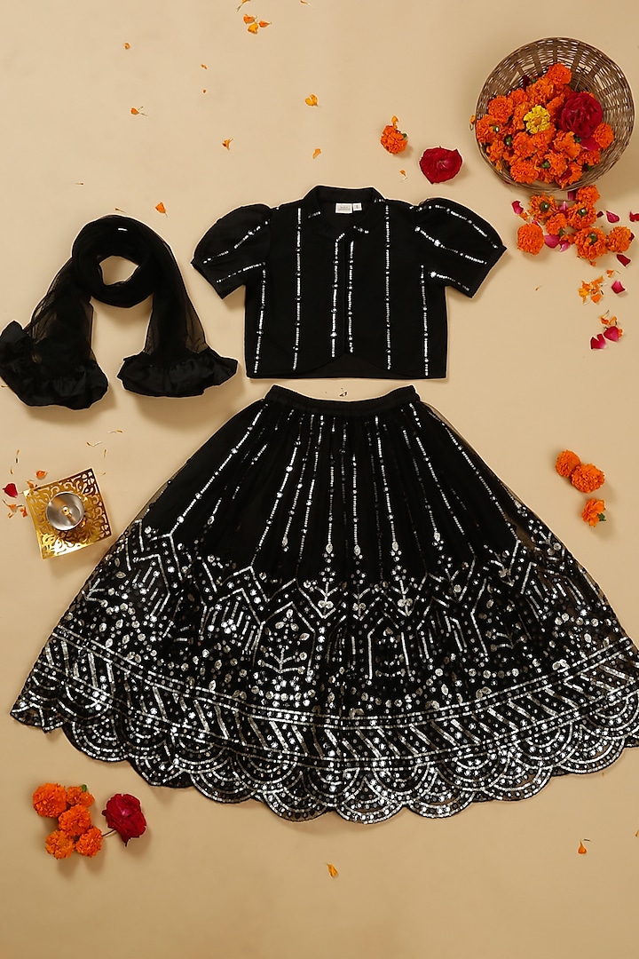 Black Net Mirror Embroidered Lehenga Set For Girls by Saka Designs at Pernia's Pop Up Shop