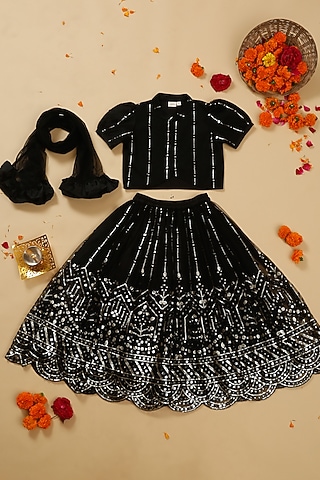 Black Net Mirror Embroidered Lehenga Set For Girls by Saka Designs