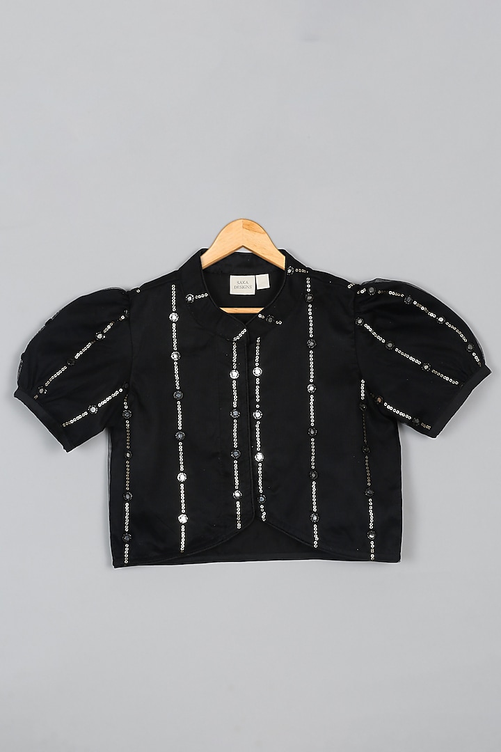 Black Net Mirror Embroidered Lehenga Set For Girls by Saka Designs at Pernia's Pop Up Shop