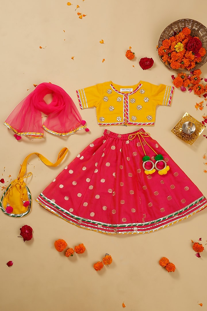 Magenta Poly Chanderi Printed Lehenga Set For Girls by Saka Designs at Pernia's Pop Up Shop