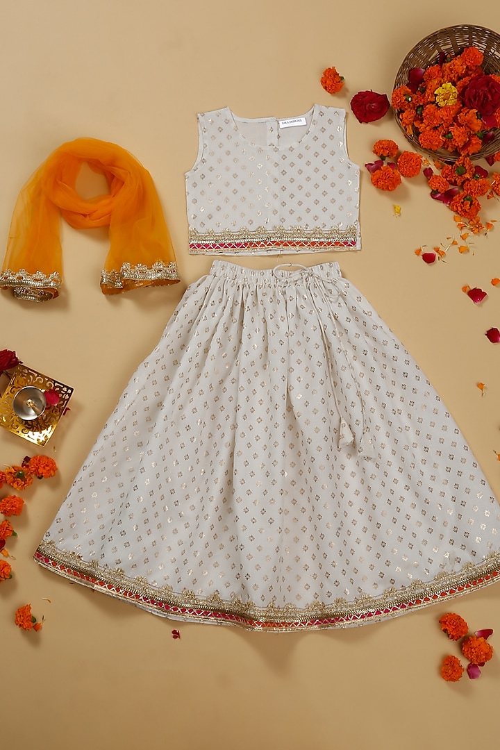 White Poly Cotton Foil Printed Lehenga Set For Girls by Saka Designs at Pernia's Pop Up Shop