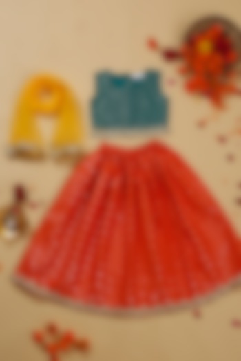 Orange Poly Cotton Foil Printed Lehenga Set For Girls by Saka Designs at Pernia's Pop Up Shop