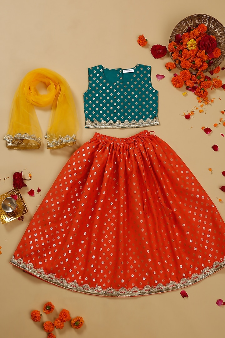 Orange Poly Cotton Foil Printed Lehenga Set For Girls by Saka Designs at Pernia's Pop Up Shop