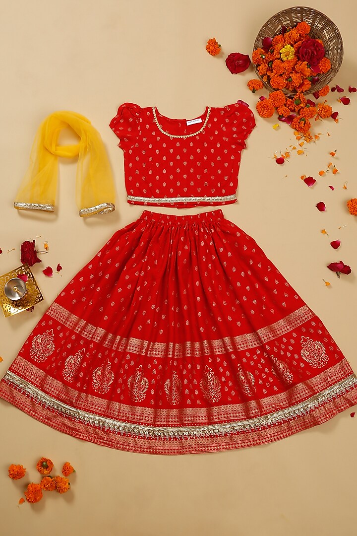 Red Rayon Gold Foil Printed Lehenga Set For Girls by Saka Designs at Pernia's Pop Up Shop