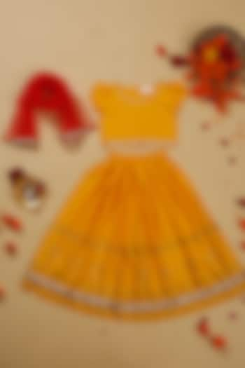 Yellow Rayon Gold Foil Printed Lehenga Set For Girls by Saka Designs at Pernia's Pop Up Shop