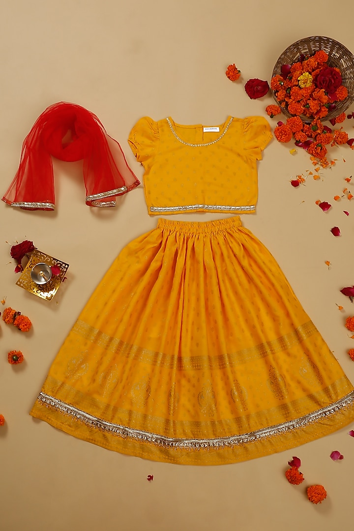 Yellow Rayon Gold Foil Printed Lehenga Set For Girls by Saka Designs at Pernia's Pop Up Shop