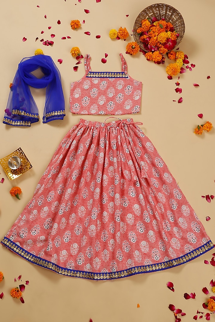 Peach Poly Cotton Printed Lehenga Set For Girls by Saka Designs at Pernia's Pop Up Shop