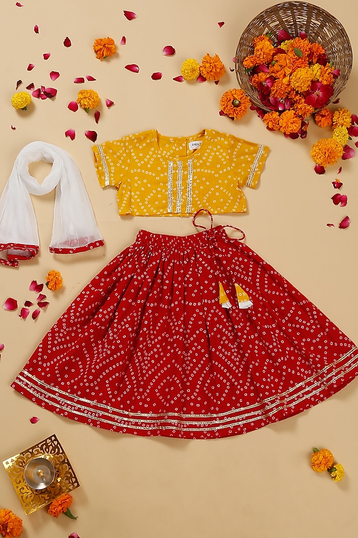 Red Cotton Printed & Lace Work Lehenga Set For Girls by Saka Designs at Pernia's Pop Up Shop