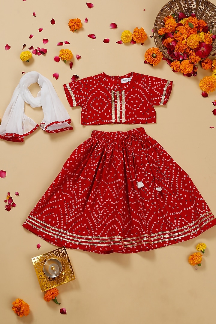 Red Cotton Printed & Lace Work Lehenga Set For Girls by Saka Designs at Pernia's Pop Up Shop