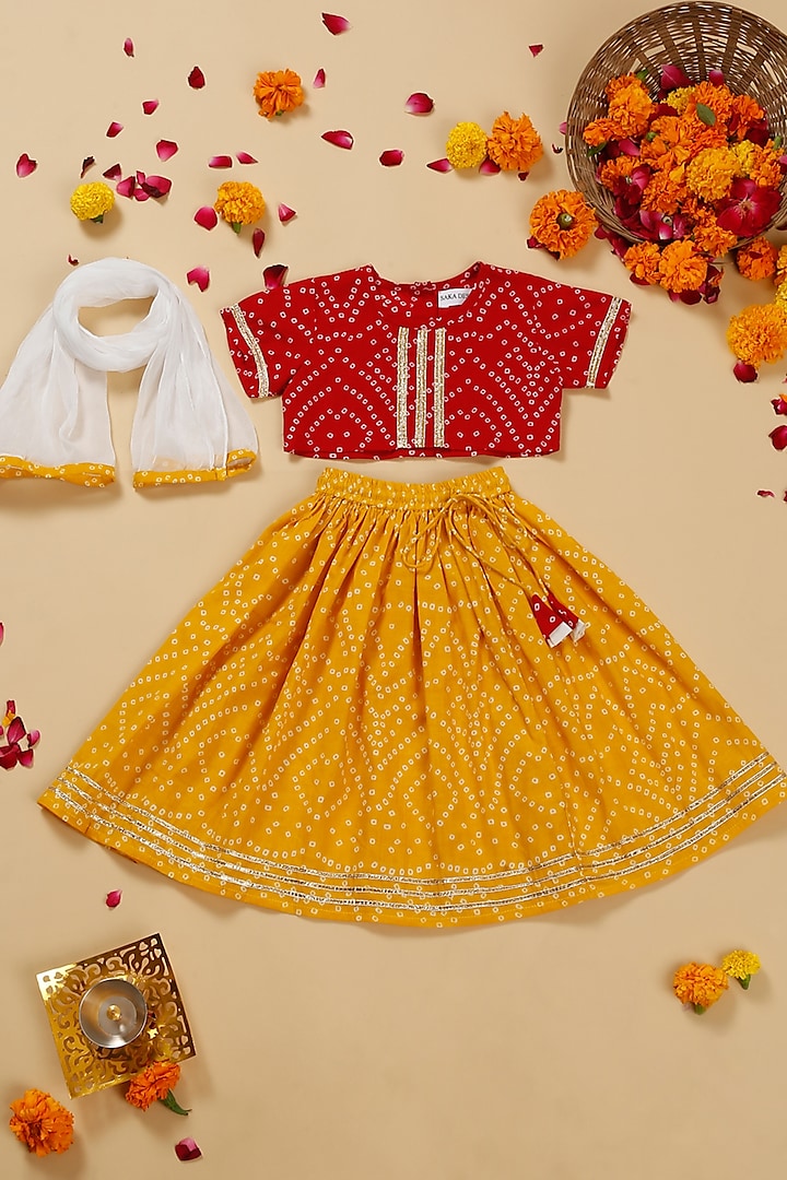 Yellow Cotton Printed & Lace Work Lehenga Set For Girls by Saka Designs at Pernia's Pop Up Shop