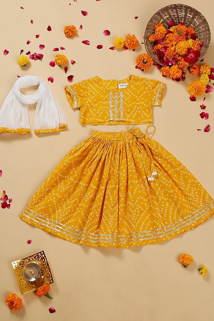Yellow Cotton Printed & Lace Work Lehenga Set For Girls by Saka Designs
