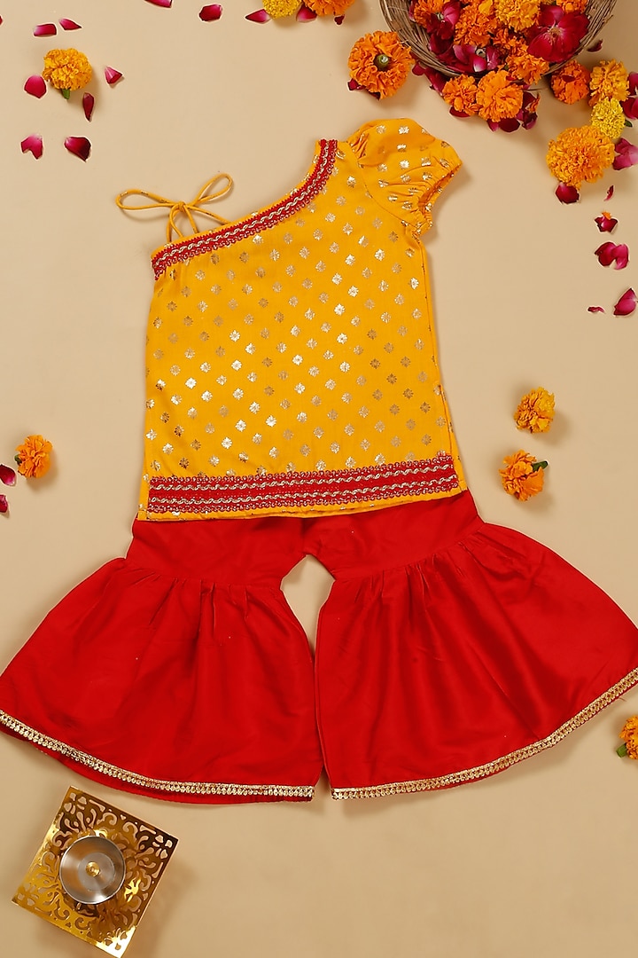 Red Satin Sharara Set For Girls by Saka Designs at Pernia's Pop Up Shop