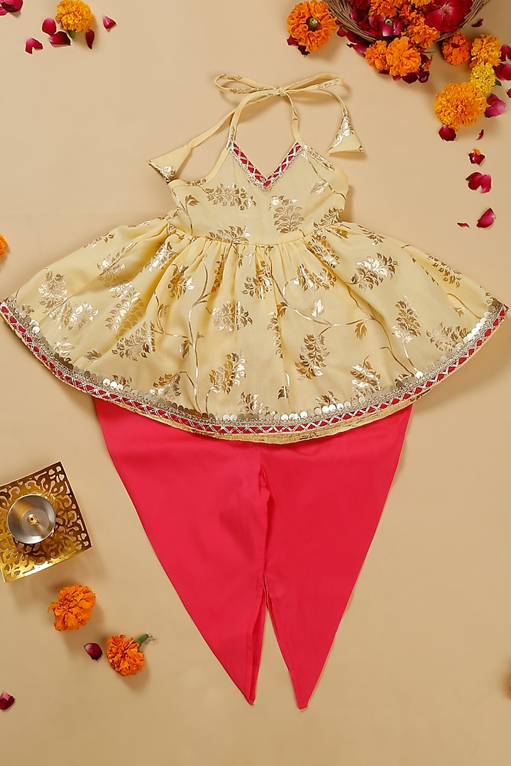 Magenta Taffeta Dhoti Set For Girls by Saka Designs at Pernia's Pop Up Shop