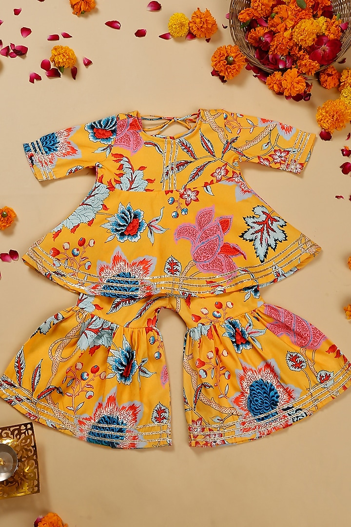 Yellow Poly Cotton Floral Printed Sharara Set For Girls by Saka Designs at Pernia's Pop Up Shop