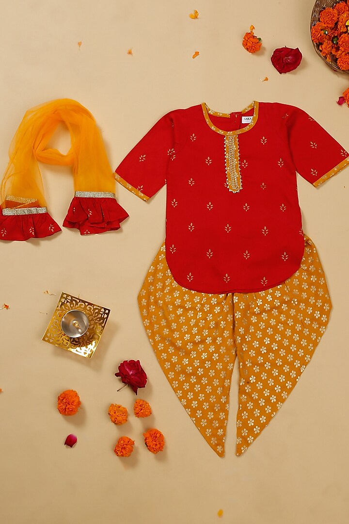 Yellow Rayon Printed Dhoti Set For Girls by Saka Designs at Pernia's Pop Up Shop