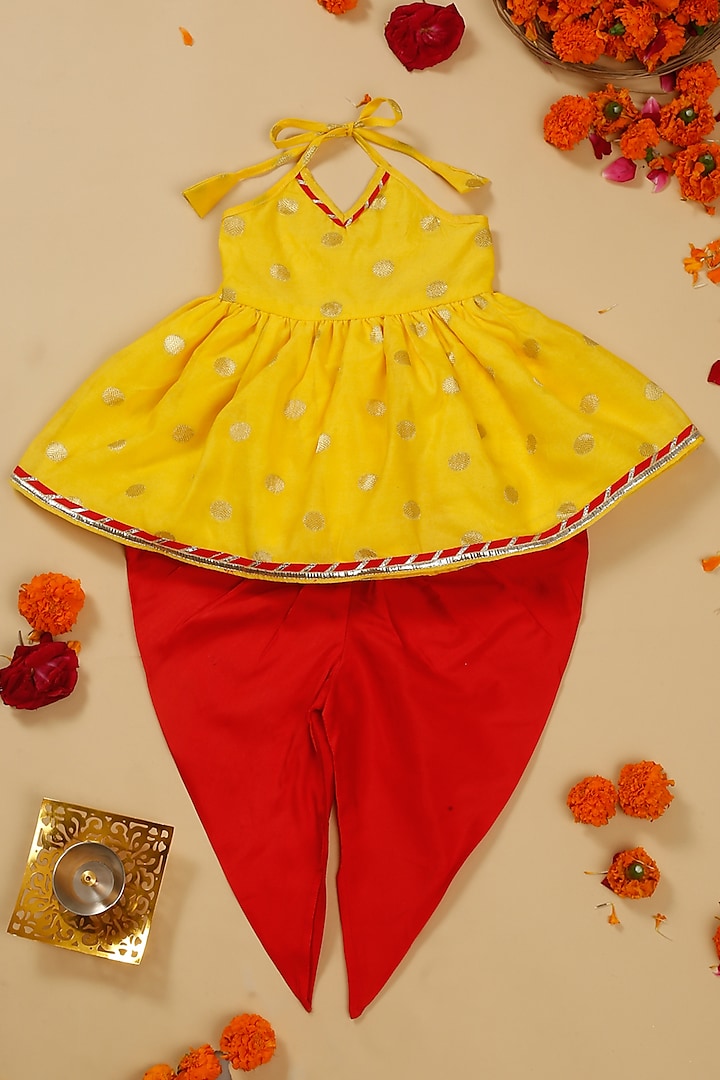 Red Taffeta Dhoti Set For Girls by Saka Designs