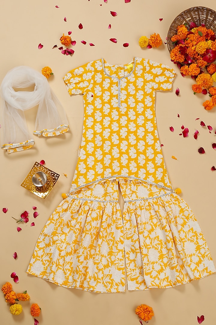 Yellow Cotton Floral Printed Sharara Set For Girls by Saka Designs at Pernia's Pop Up Shop