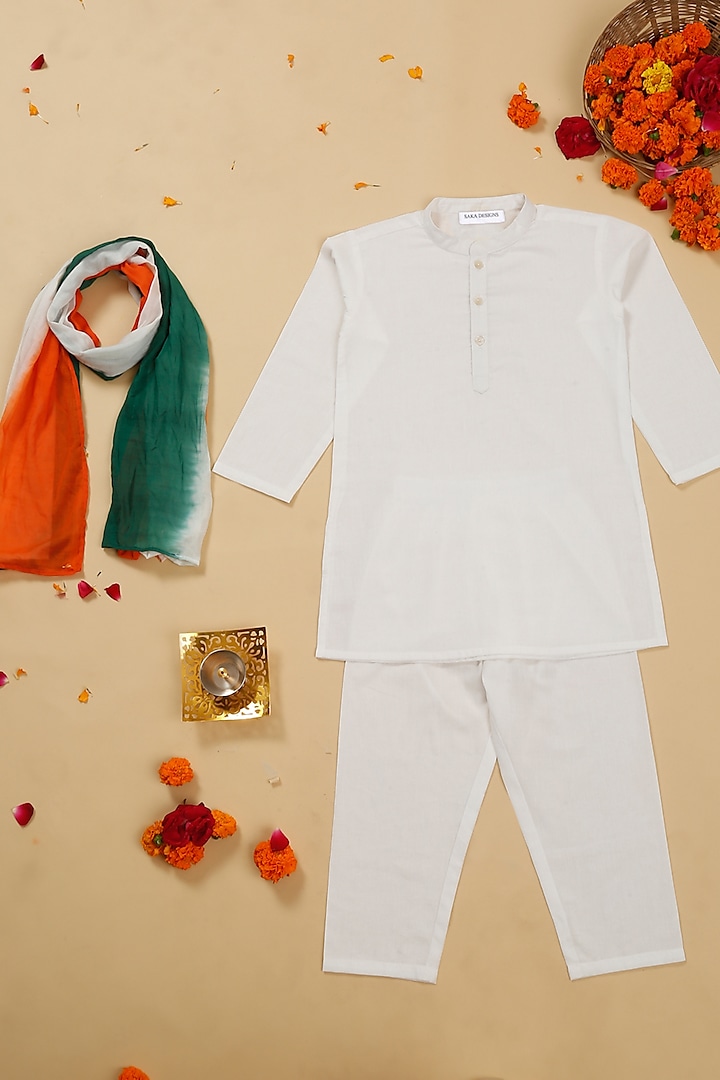 White Cotton Kurta Set For Boys by Saka Designs