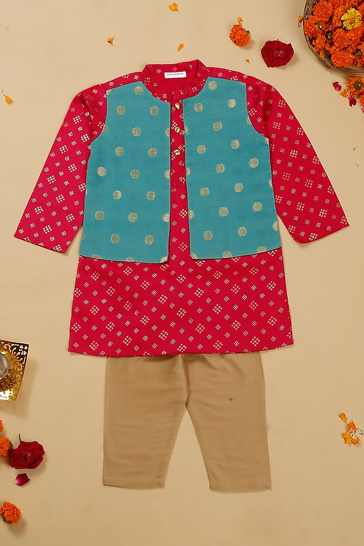 Blue Poly Chanderi Floral Printed & Embroidered Bundi Jacket Set For Boys by Saka Designs