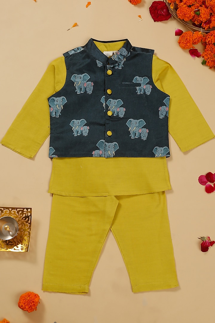 Blue Jacquard Floral Printed & Embroidered Bundi Jacket Set For Boys by Saka Designs