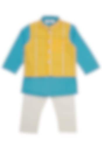 Yellow Cotton Embroidered Bundi Jacket Set For Boys by Saka Designs