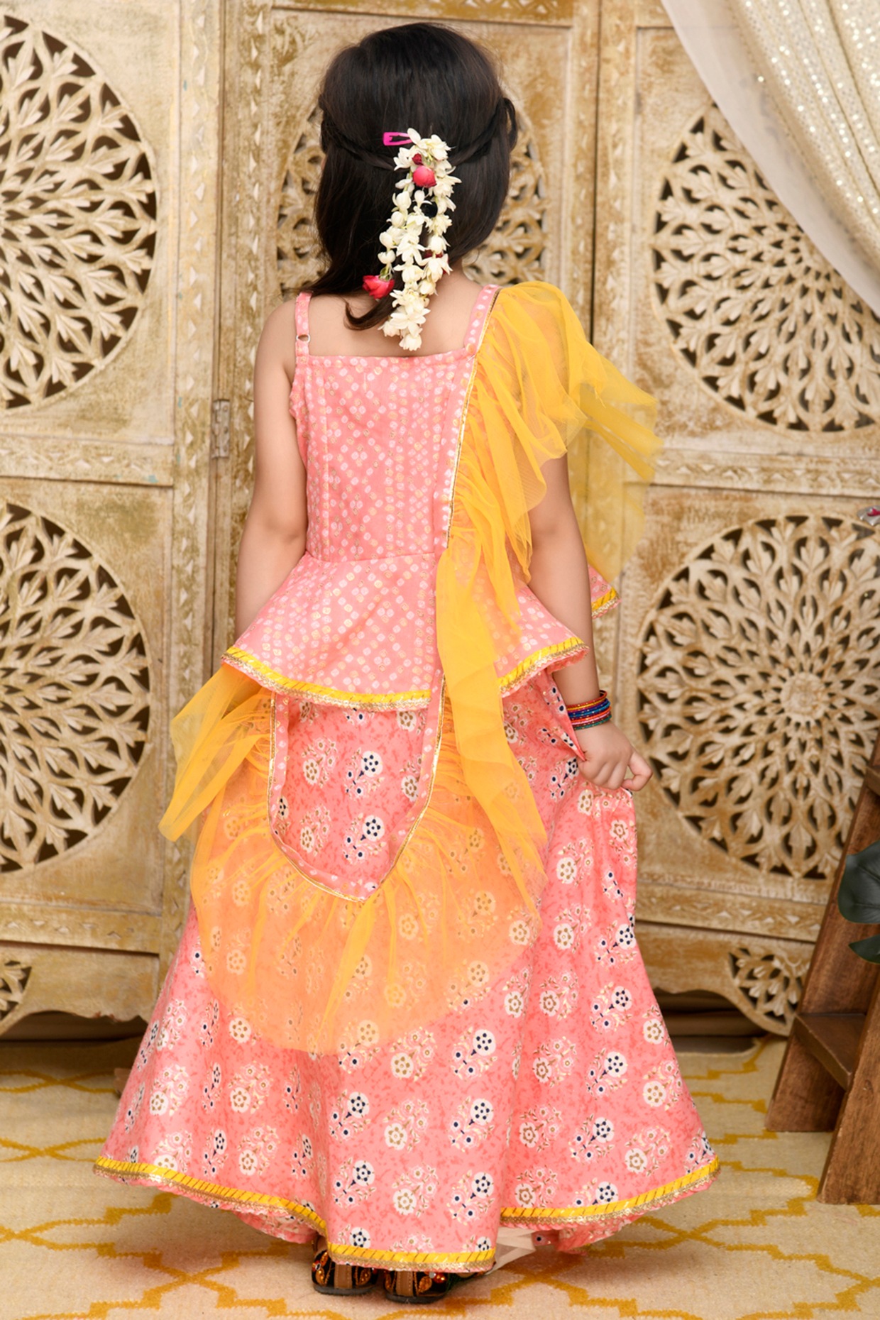 Yellow Floral Sequins Embroidered Net Lehenga Choli