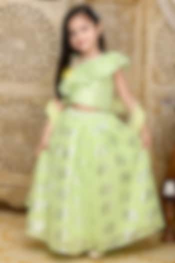 Green Silk Blend Printed Lehenga Set For Girls by Saka Designs at Pernia's Pop Up Shop