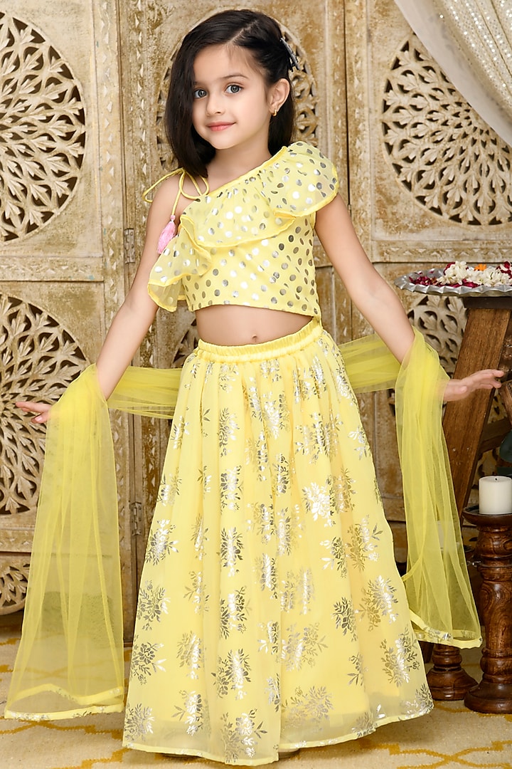 Yellow Silk Blend Printed Lehenga Set For Girls by Saka Designs