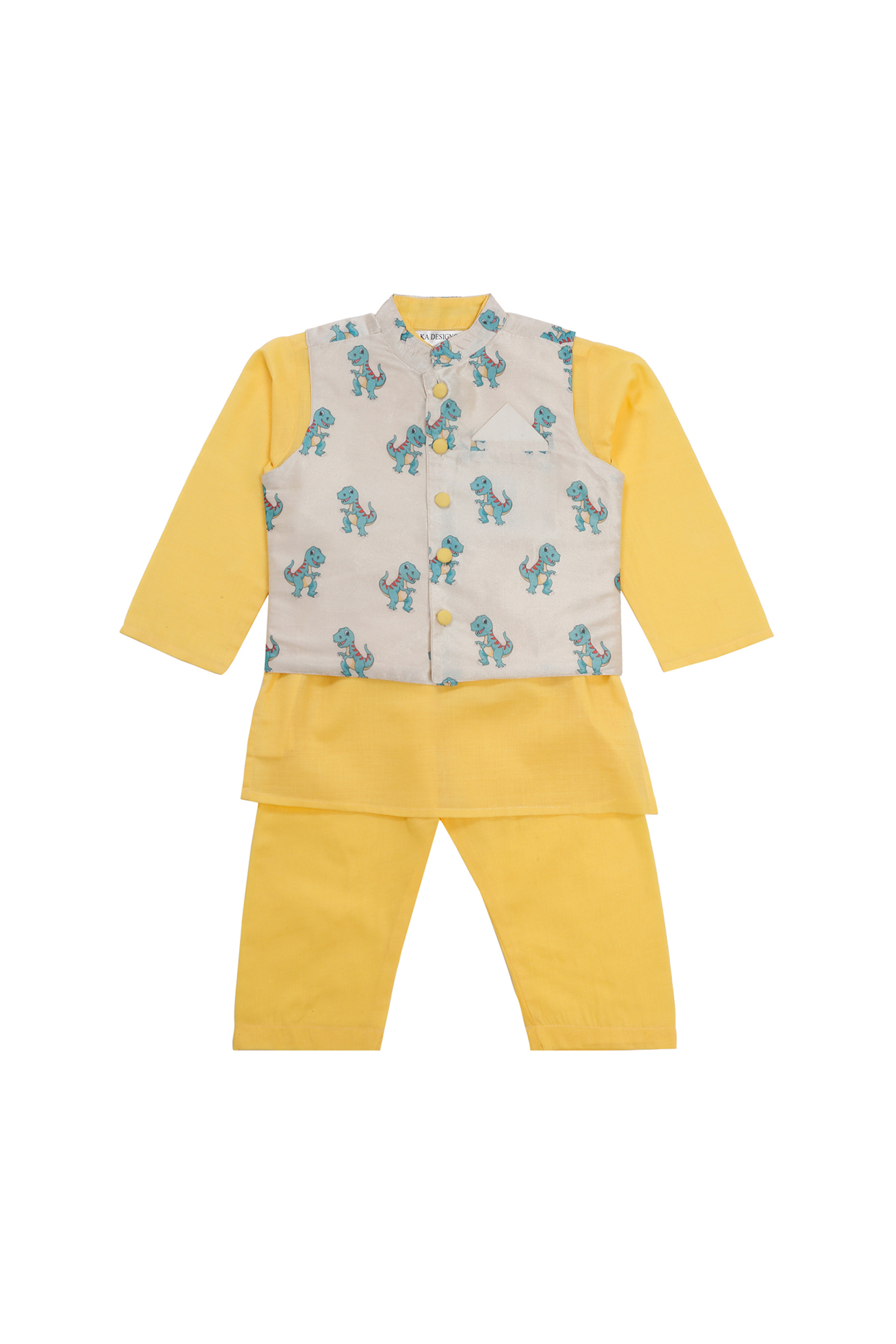 Off-White Cotton Blend Printed Bundi Set For Boys by Saka Designs