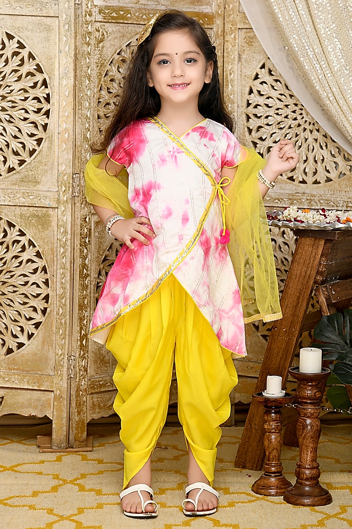Yellow Art Silk Dhoti Set For Girls by Saka Designs