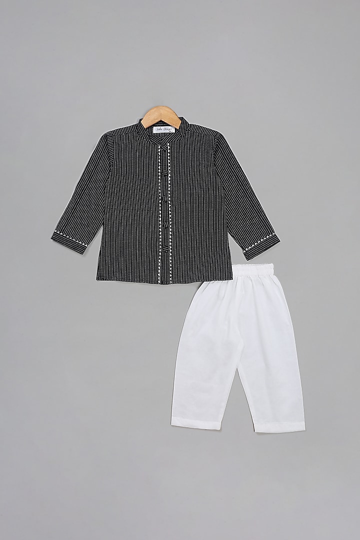 Black Pure Cotton Striped Kurta Set For Boys by Saka Designs
