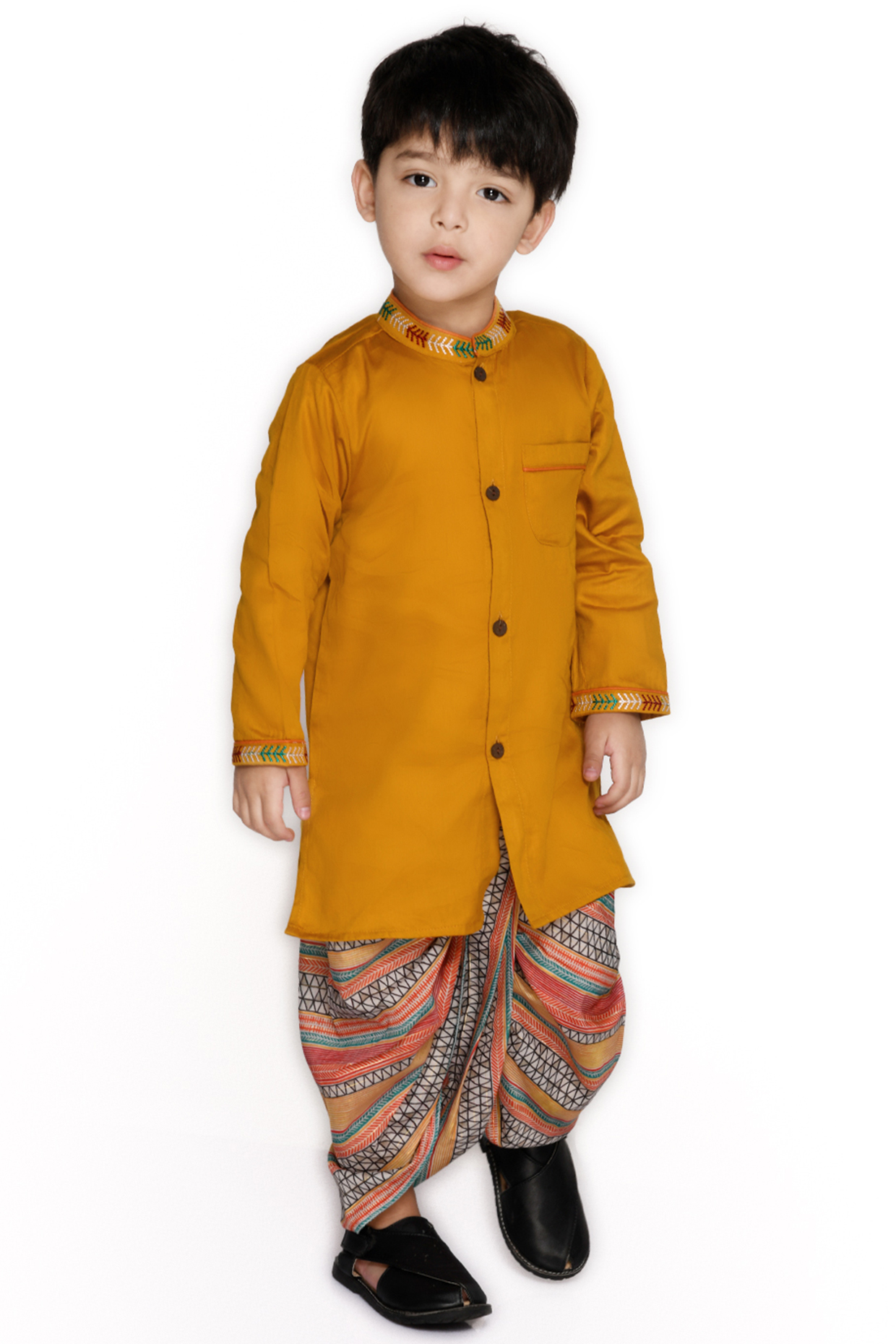 Mustard Cotton Kurta Set For Boys by Saka Designs at Pernia's Pop Up Shop