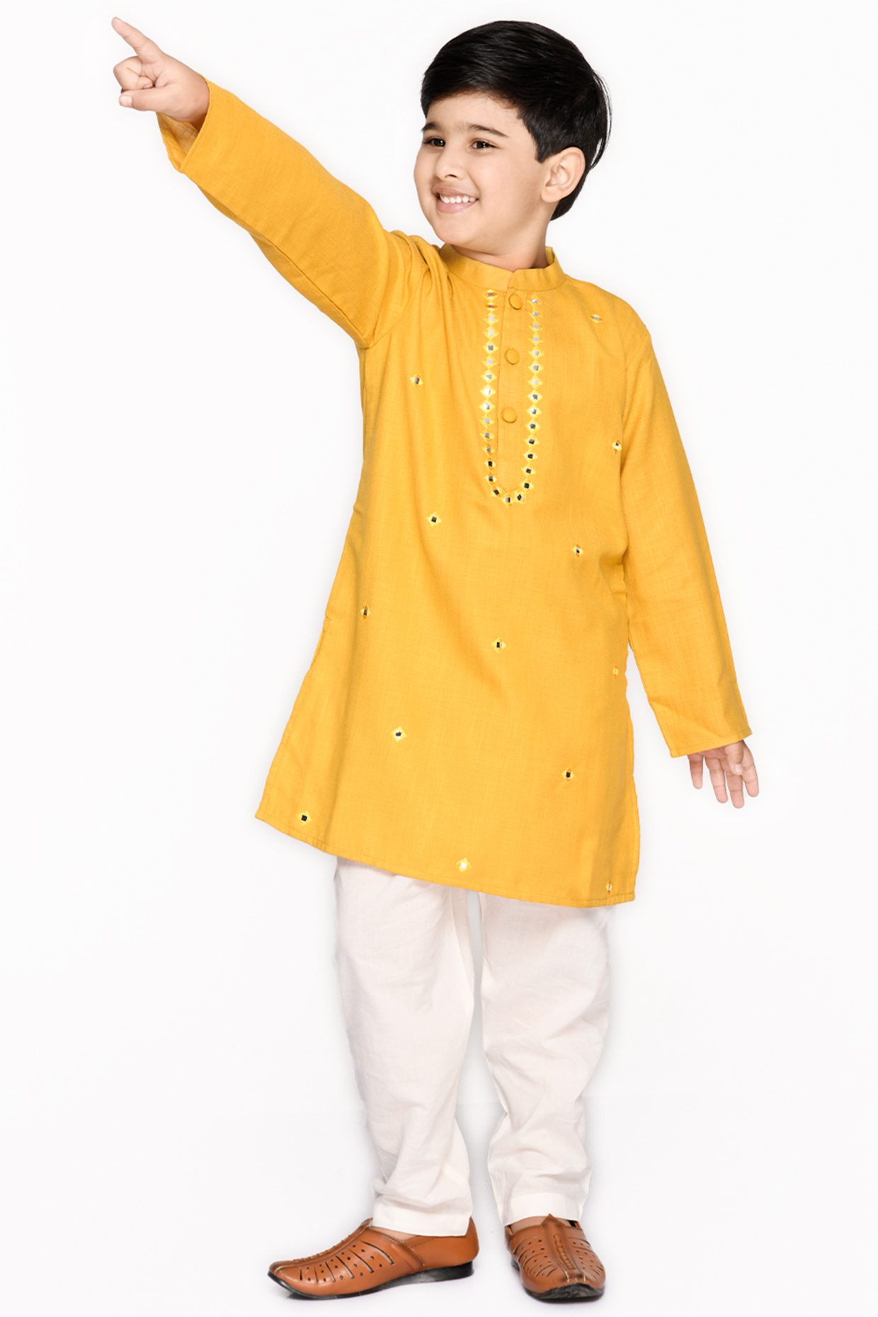 Mustard Cotton Embroidered Kurta Set For Boys by Saka Designs at Pernia's Pop Up Shop