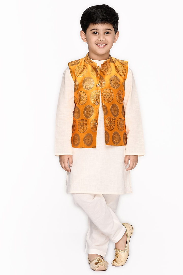 Mustard Nehru Jacket With Kurta Set For Boys by Saka Designs