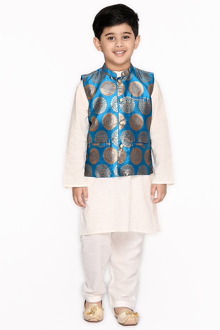 Blue Nehru Jacket With Kurta Set For Boys by Saka Designs