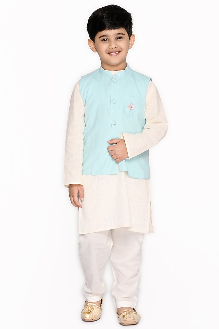Pastel Blue Nehru Jacket With Kurta Set For Boys by Saka Designs