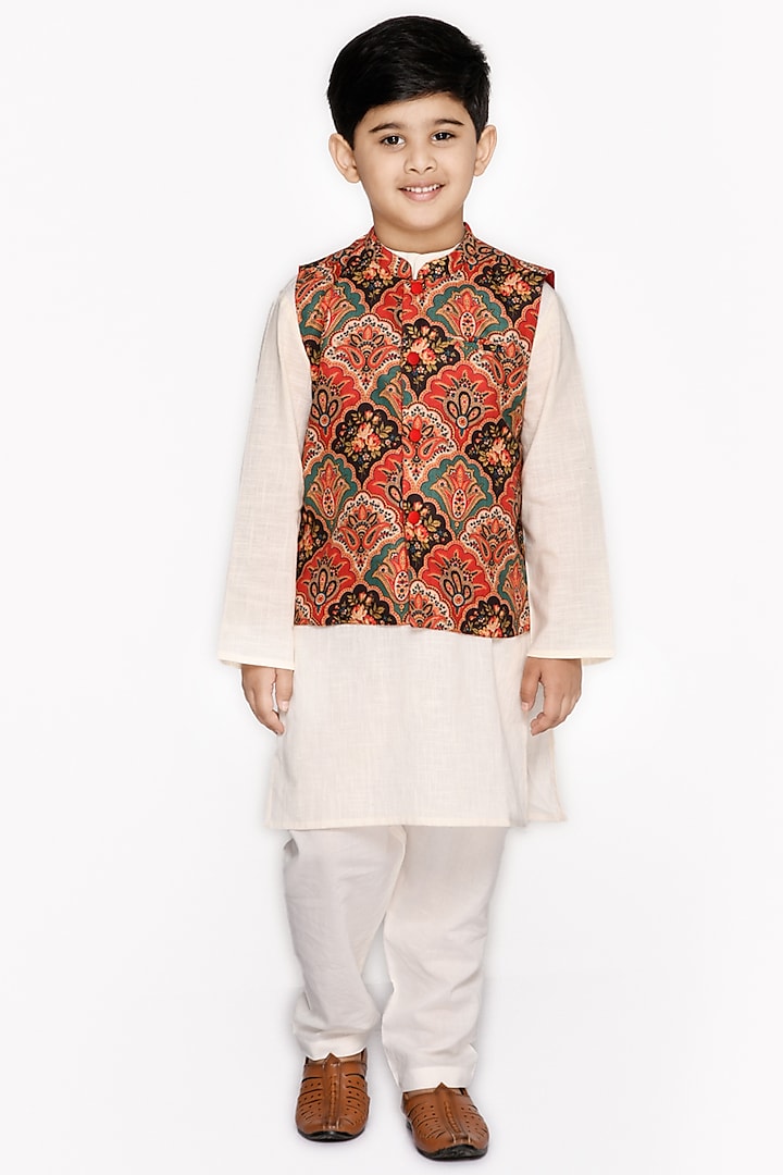 Multi-Colored Nehru Jacket With Kurta Set For Boys by Saka Designs