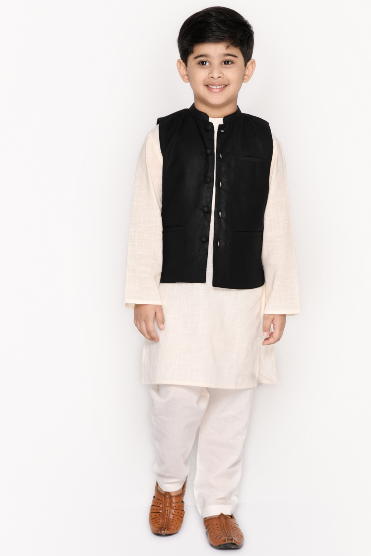 Black Nehru Jacket With Kurta Set For Boys by Saka Designs