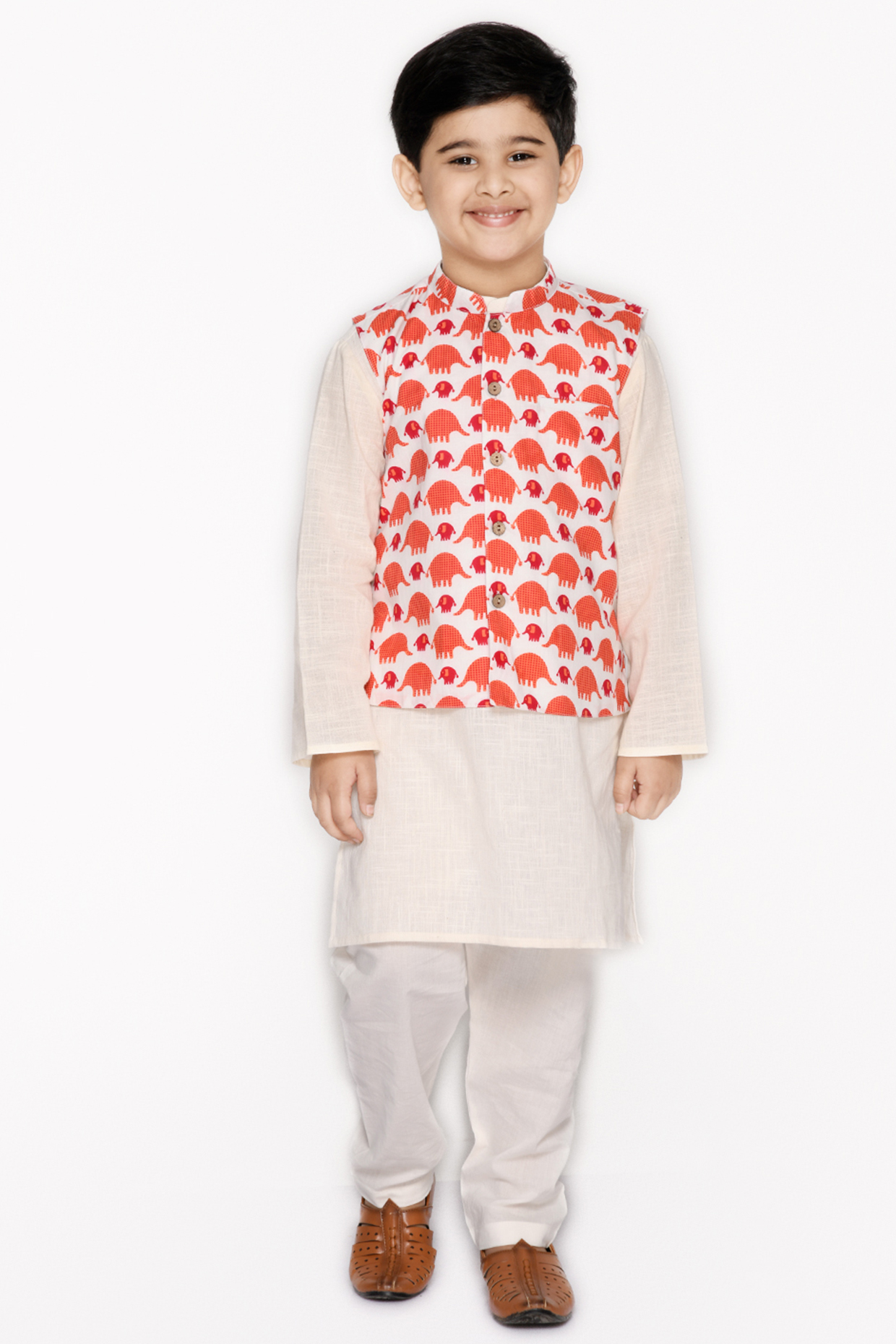 Orange Nehru Jacket With Kurta Set For Boys by Saka Designs at Pernia's Pop Up Shop