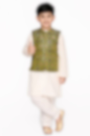 Leafy Green Nehru Jacket With Kurta Set For Boys by Saka Designs
