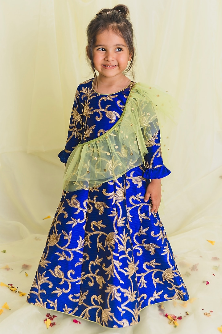 Royal Blue Embroidered Gown For Girls by Saka Designs